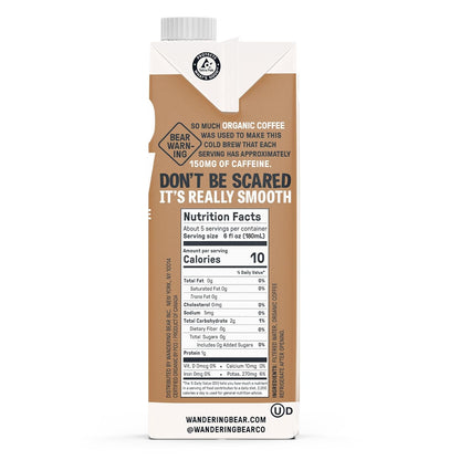 Wandering Bear Straight Black Organic Cold Brew Coffee - Extra Strong, Bold, Smooth, Unsweetened, Shelf-Stable, Ready to Drink, 100% Organic Iced Cold Brewed Coffee Drink - 32 fl oz, 6 pack