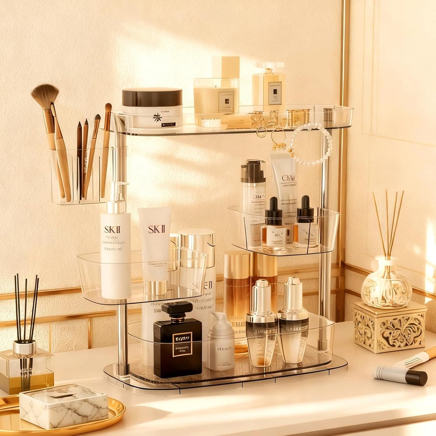 Rotating Makeup Vanity Organizer, Bathroom Countertop Cosmetic Skin Care Storage,Cosmetic Display Case with Brush Holder,for Skincare Perfume Cosmetics,Detachable Hanging Trays & Hooks