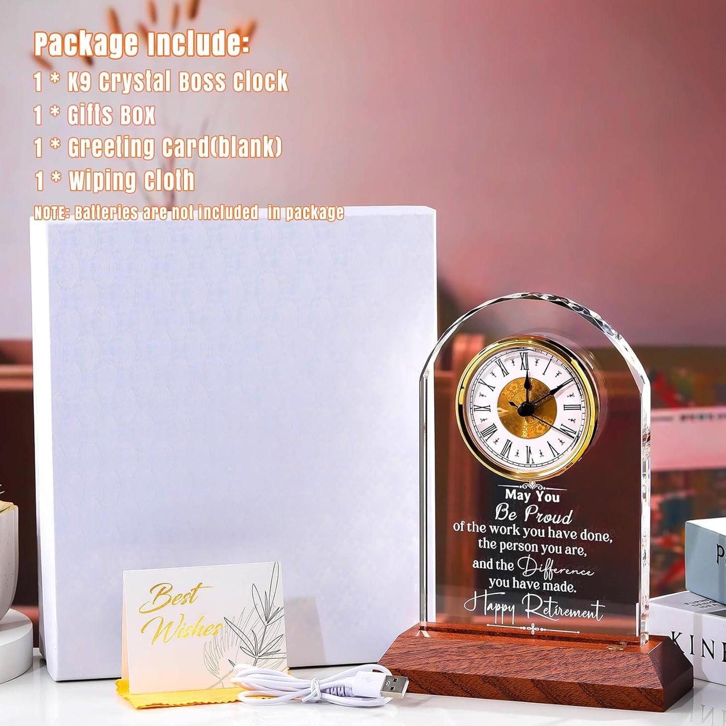 Retirement Clock Gifts for Women Men, Happy Retirement Gifts for Boss Coworkers, Going Away Gift for Retired Friends Leaving Presents for Leader Teacher, K9 Crystal Clock with Light Wooden Base