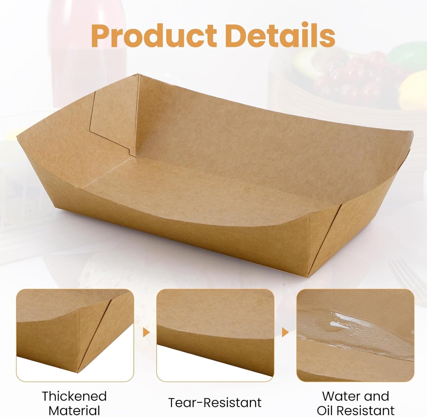 100 Pack 3lb Paper Food Trays, Heavy Duty Disposable Food Boats, Disposable Nacho Trays, Kraft Paper Serving Basket for Party Snacks, Nachos, French Fries, Hot Dogs, Tacos, BBQ, Brown