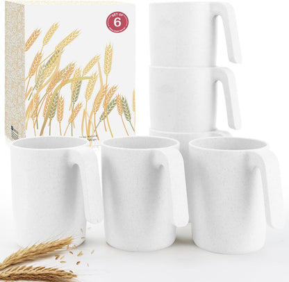 Wrova Wheat Straw Cups with Handles 16oz -Plastic Cups Reusable Set of 6-Unbreakable Coffee Mugs- Microwave & Dishwasher Safe Mug-Ideal Plastic Mugs for Tea,Coffee,Camping,RV-White