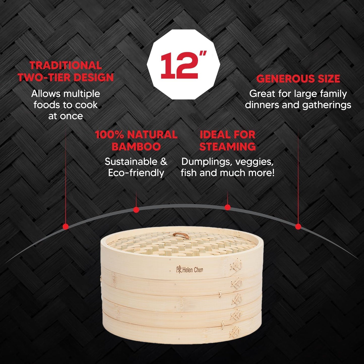 Helen's Asian Kitchen Bamboo Food Steamer with Lid - 100% Natural Bamboo - Basket Steamers for Cooking Dumplings, Dim Sum, Veggies, Fish, Meat - Preserve Nutrients & Flavors - 12-Inch