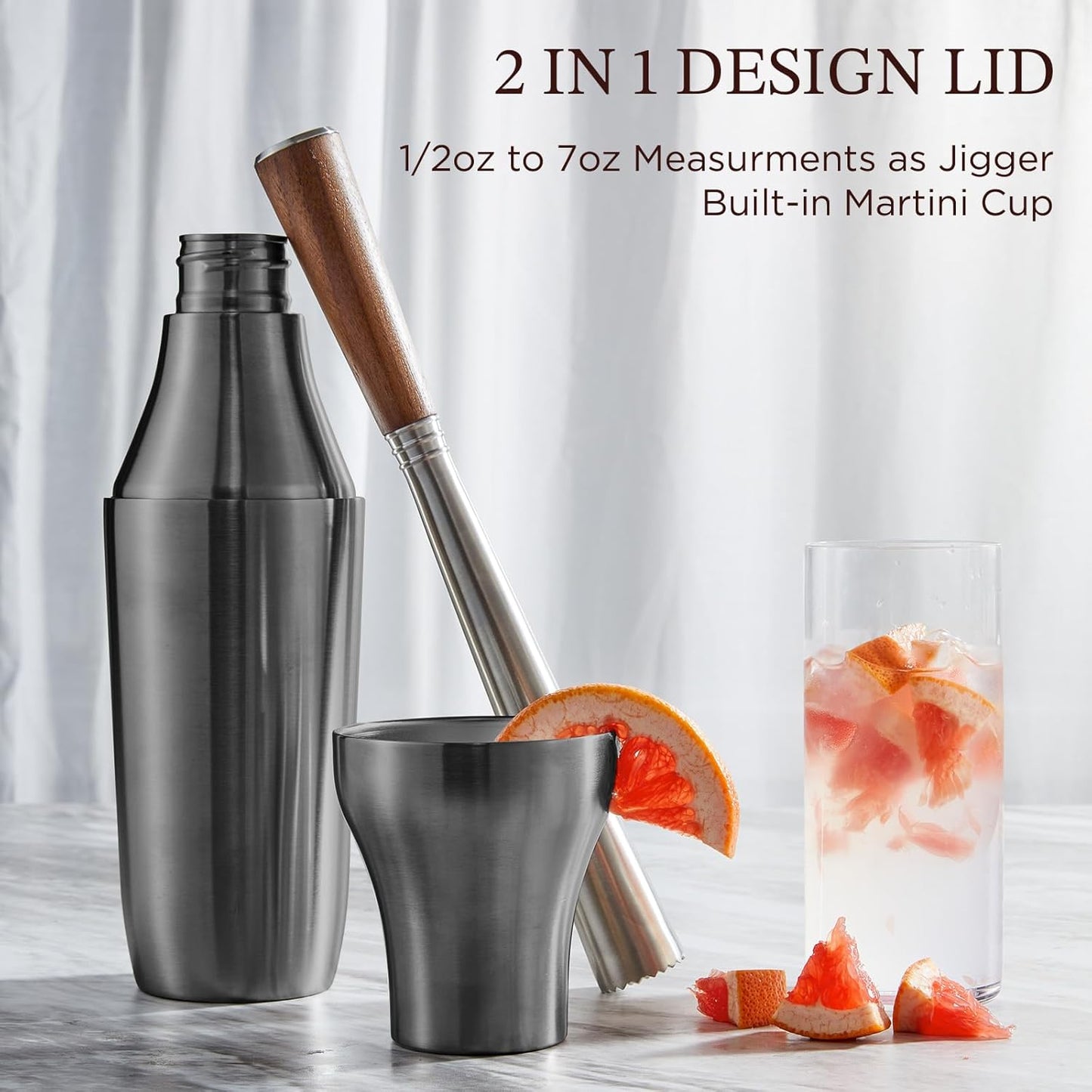 Kitessensu Hybrid Cocktail Shaker | Vacuum Insulated Stainless Steel Martini Shaker with Double Wall Martini Cup | Integrated Measuring System | Tumbler Lid & Cocktail Recipes Included | Matte Black