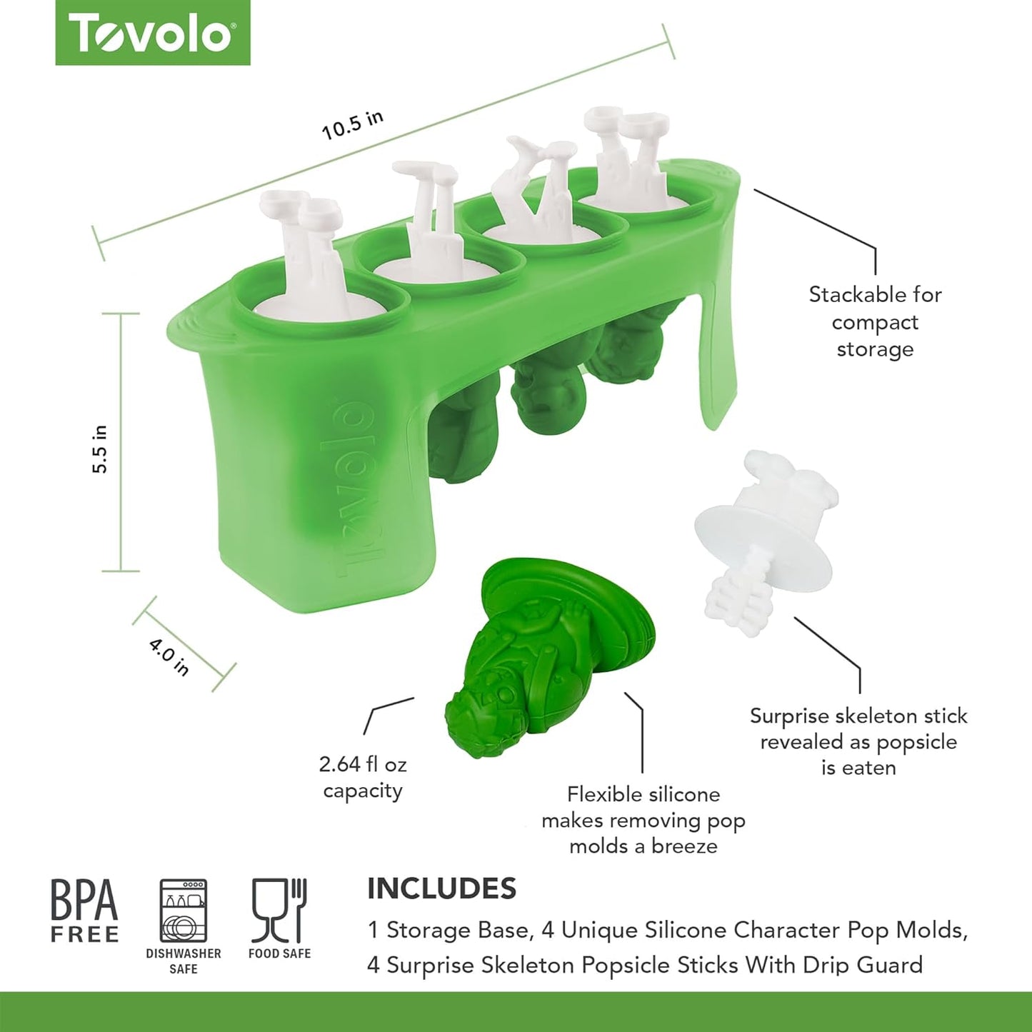 Tovolo Zombie Ice Pop Mold Set of 4 Silicone Halloween Popsicle Molds with Skeleton Sticks, Dishwasher Safe Spooky Zombie Popsicle Molds for Halloween Treats, BPA Free Food Safe Reusable Silicone Mold