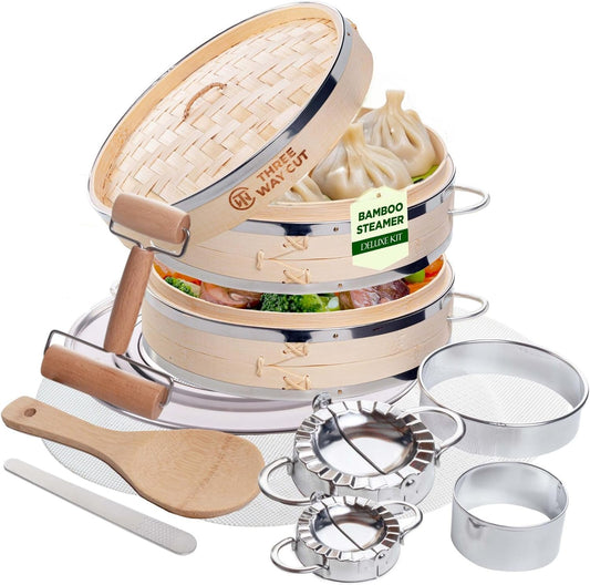 2-tier 10" Bamboo Steamer with Reinforcement & Handle, Reusable Silicone Liner & Accessories Kit For Cooking Dumpling, Baby Bao Bun, Dim Sum, Rice Potsticker Steaming Chinese Asian Food & Vegetables