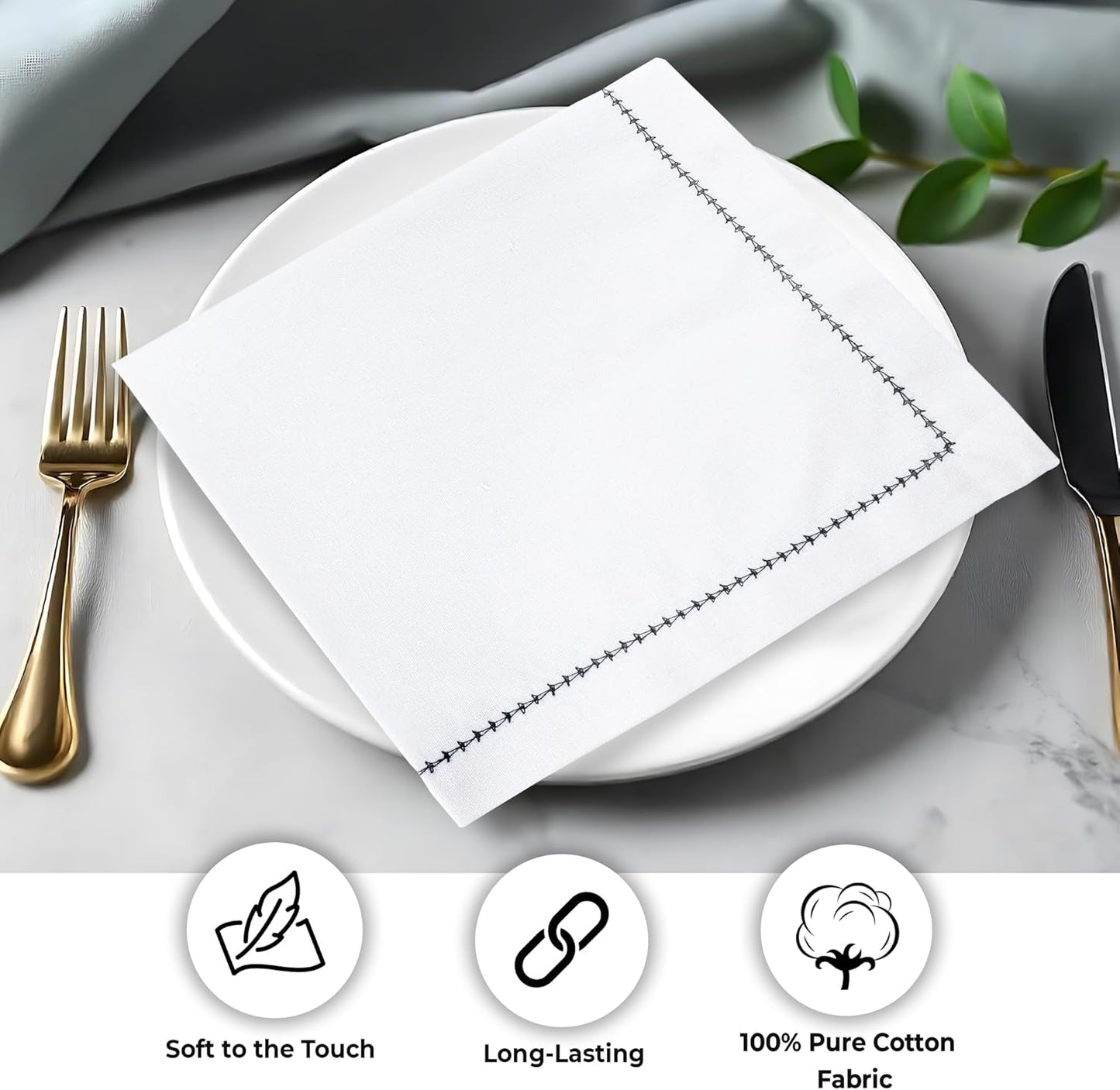 Urban Villa Cloth Napkin Set of 6 Hemstitch White Black 20x20 Inches Premium Soft Cotton Highly Absorbent Reusable & Washable Dinner Table Napkins for Home and Weddings