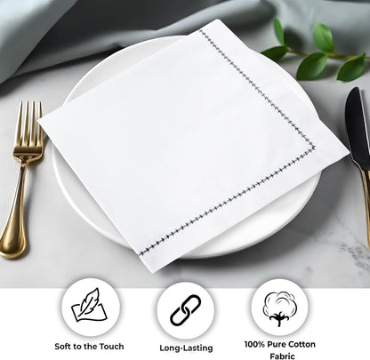 Urban Villa Cloth Napkin Set of 6 Hemstitch White Black 20x20 Inches Premium Soft Cotton Highly Absorbent Reusable & Washable Dinner Table Napkins for Home and Weddings
