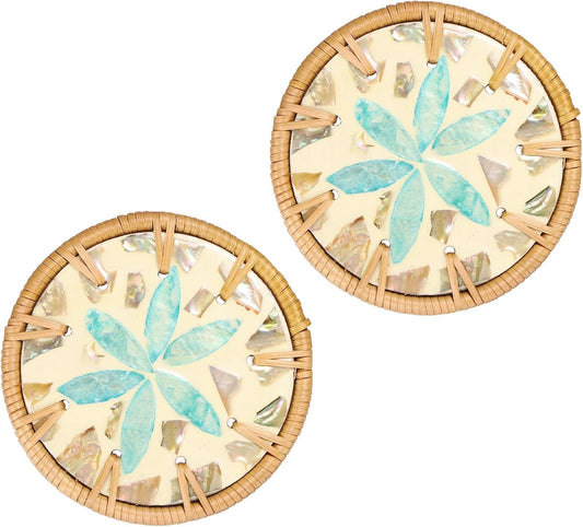 uxcell 2Pcs Handmade Woven Rattan Coasters, Heat-Resistant Drink Coasters for Coffee Table Dining Room Kitchen Coffee Wine Decor, Light Blue Petal