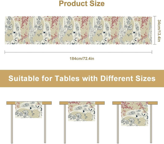 Japanese Crane Table Runner Chinoiserie Vintage Asian Landscape Mountain for Wedding Party Holiday Kitchen Dining Home Party, 13x70 Inch