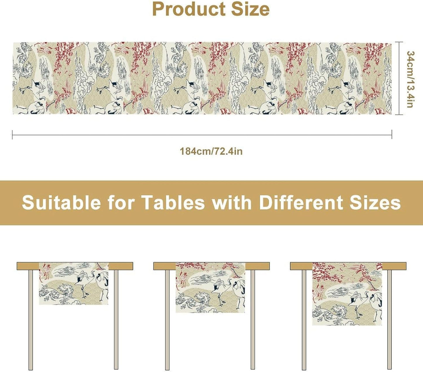 Japanese Crane Table Runner Chinoiserie Vintage Asian Landscape Mountain for Wedding Party Holiday Kitchen Dining Home Party, 13x120 Inch