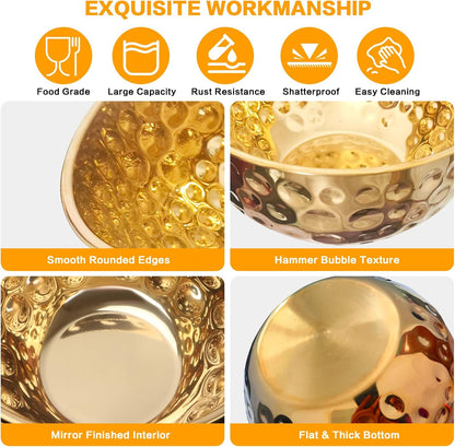 5-Piece Stainless Steel Mixing Bowls Set, Metal Hammered Gold Bowls for Kitchen, Cooking, Baking, Salad Prep, Food Storage, Reusable Nesting Design, 1.6-4.9 QT Capacity, Dishwasher Safe