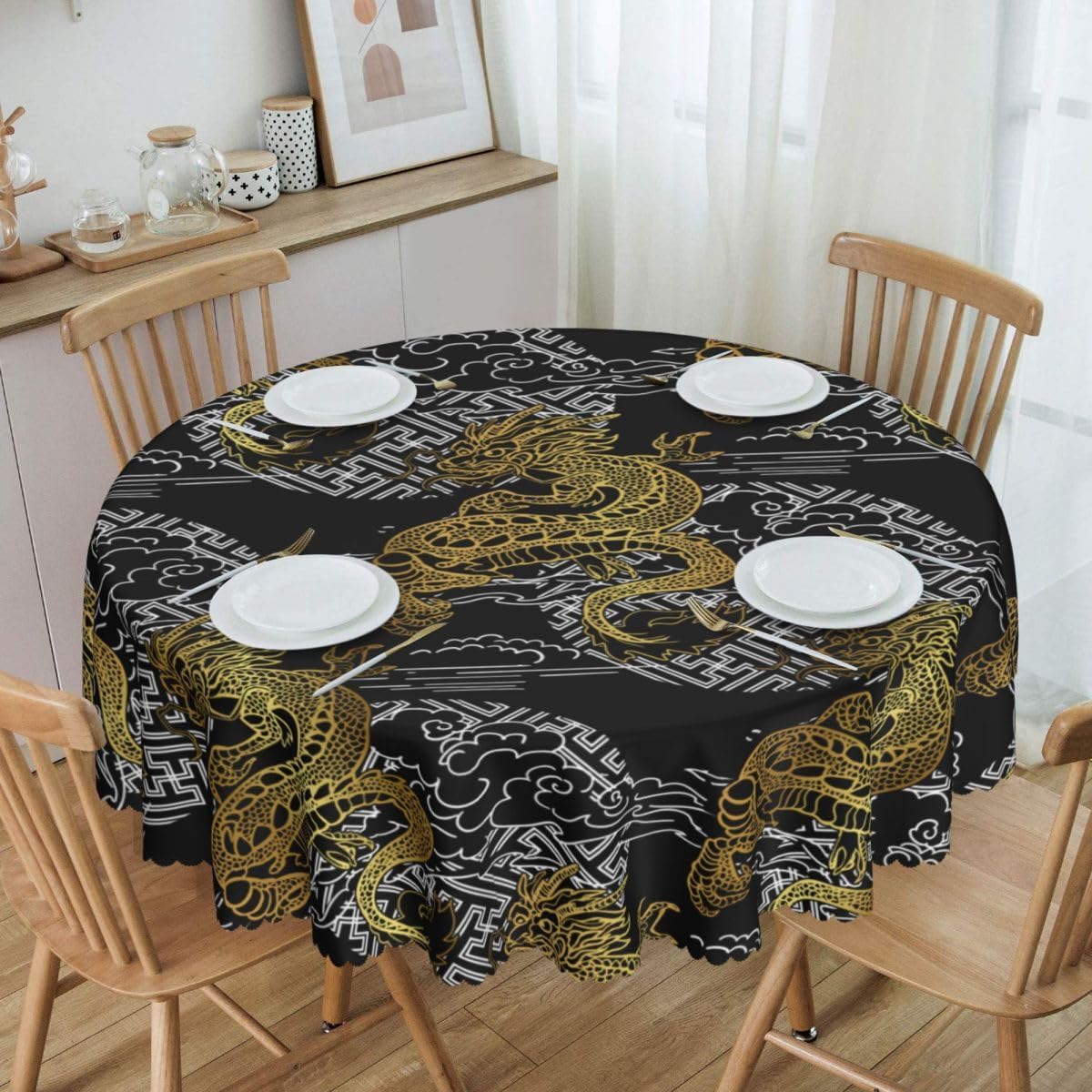 Japanese Tablecloth Round, Black Traditional Zodiac Dragon Vintage Asian Style Oriental Water Resisitant Table Cover for Dining Kitchen Living Room Home Party Holiday Decor 60 inch Round