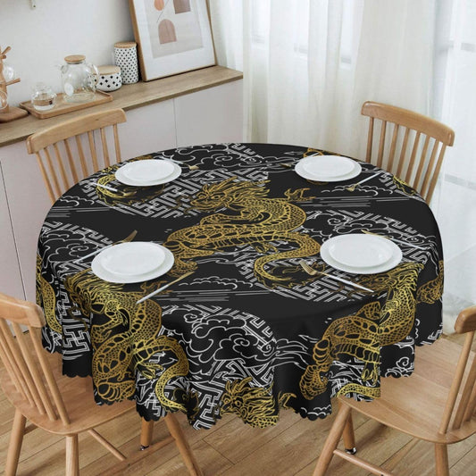 Japanese Tablecloth Round, Black Traditional Zodiac Dragon Vintage Asian Style Oriental Water Resisitant Table Cover for Dining Kitchen Living Room Home Party Holiday Decor 36 inch Round