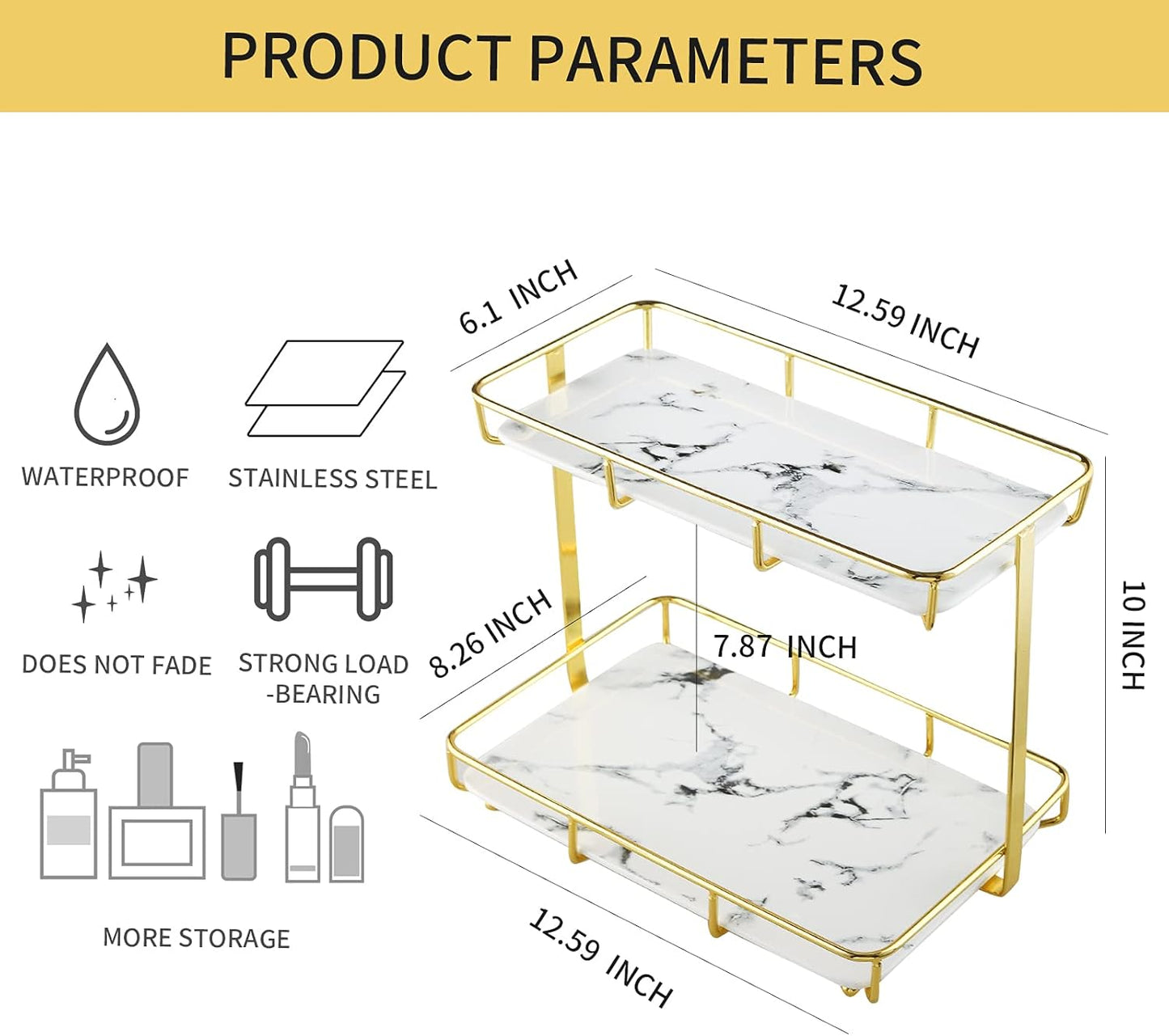 Bathroom Organizer Countertop Perfume Organizer Makeup Organizer Cosmetics Storage Display Rack Vanity Tray Dresser Stainless Steel Gold Shelf White Marble Ceramic Tray