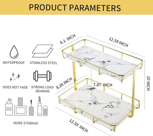 Bathroom Organizer Countertop Perfume Organizer Makeup Organizer Cosmetics Storage Display Rack Vanity Tray Dresser Stainless Steel Gold Shelf White Marble Ceramic Tray