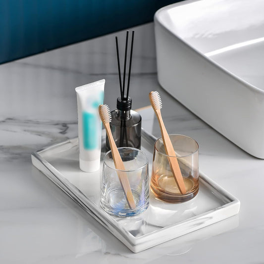 Vanity Bathroom Tray,Perfume Organizer Jewelry Plate Holder White Marble Tray Decorative Ceramic Rectangle Small Tray Serving Tray