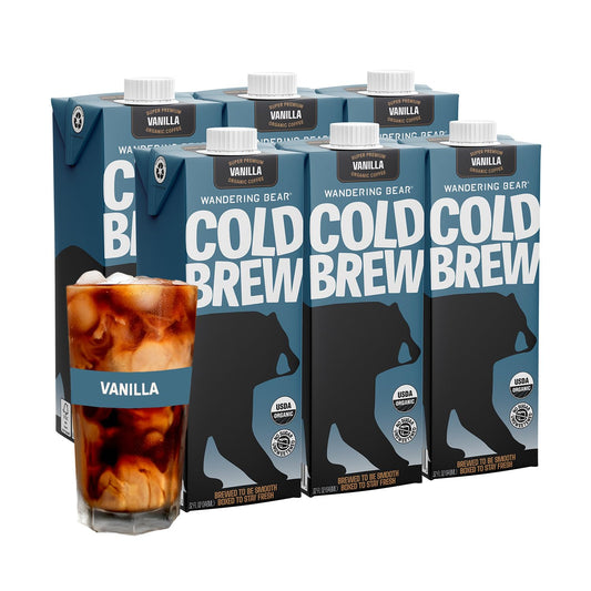 Wandering Bear Organic Vanilla Cold Brew Coffee - Extra Strong, Bold, Smooth, Unsweetened, Shelf-Stable, Ready to Drink, Gluten Free, & Vegan Iced Cold Brewed Coffee Drink - 32 fl oz, 6 pack