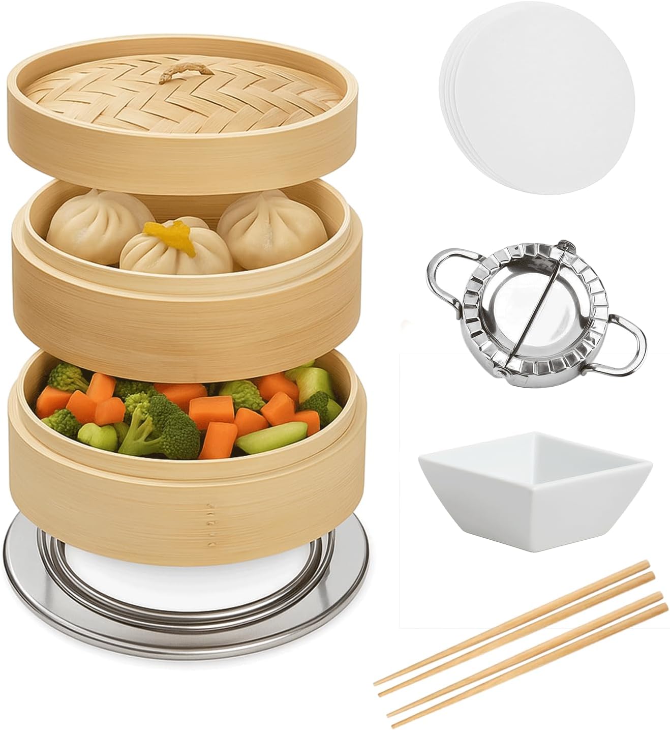 Premium 10-Inch Bamboo Steamer Basket Set – 2-Tier Dumpling Steam with Lid, Ring Adapter, Chopsticks, Liners & Sauce Dish – Natural Steamer for Vegetables, Bao, and Asian Cooking