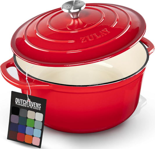 Zulay Kitchen 5 Quart Enameled Cast Iron Dutch Oven Pot with Lid – Premium Durability & Oven Safe up to 500°F – Heavy Duty Cookware Perfect for Bread Baking, Stews, Braising & Roasting – Red