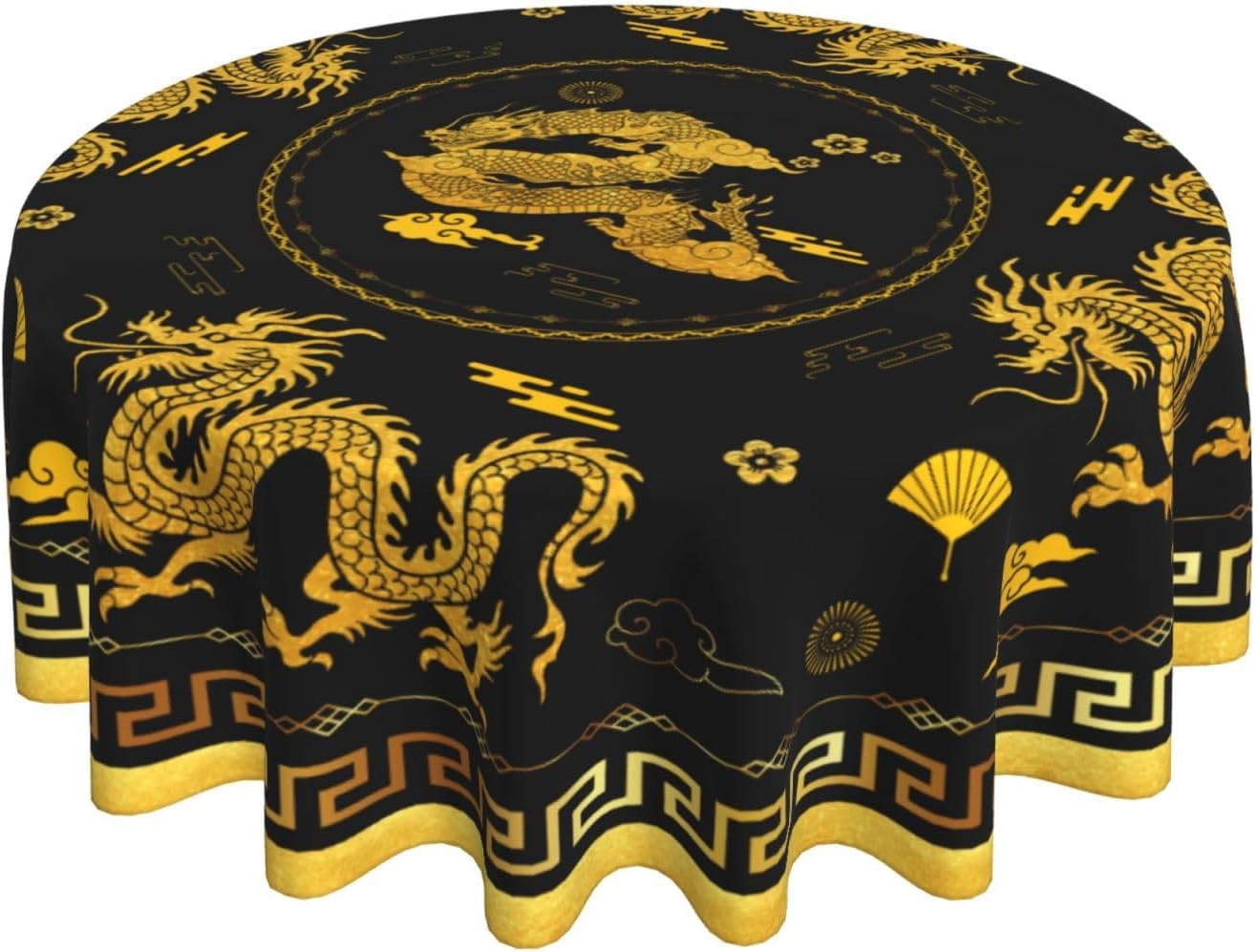 Chinese Dragon Tablecloth Round, Black Golden Traditional Zodiac Dragon Vintage Asian Style Oriental Water Resisitant Table Cover for Dining Kitchen Living Room Home Party Holiday Decor 60 inch Round
