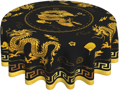 Chinese Dragon Tablecloth Round, Black Golden Traditional Zodiac Dragon Vintage Asian Style Oriental Water Resisitant Table Cover for Dining Kitchen Living Room Home Party Holiday Decor 36 inch Round