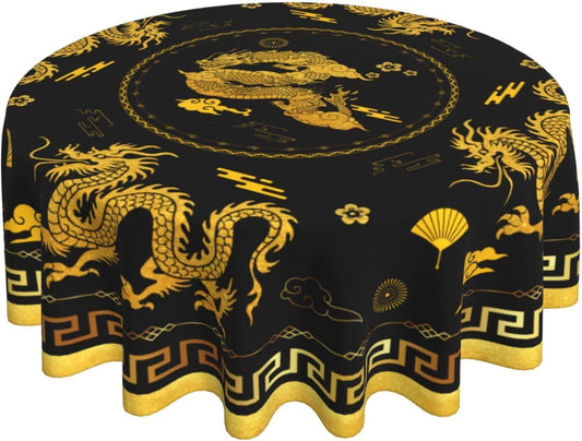 Chinese Dragon Tablecloth Round, Black Golden Traditional Zodiac Dragon Vintage Asian Style Oriental Water Resisitant Table Cover for Dining Kitchen Living Room Home Party Holiday Decor 36 inch Round