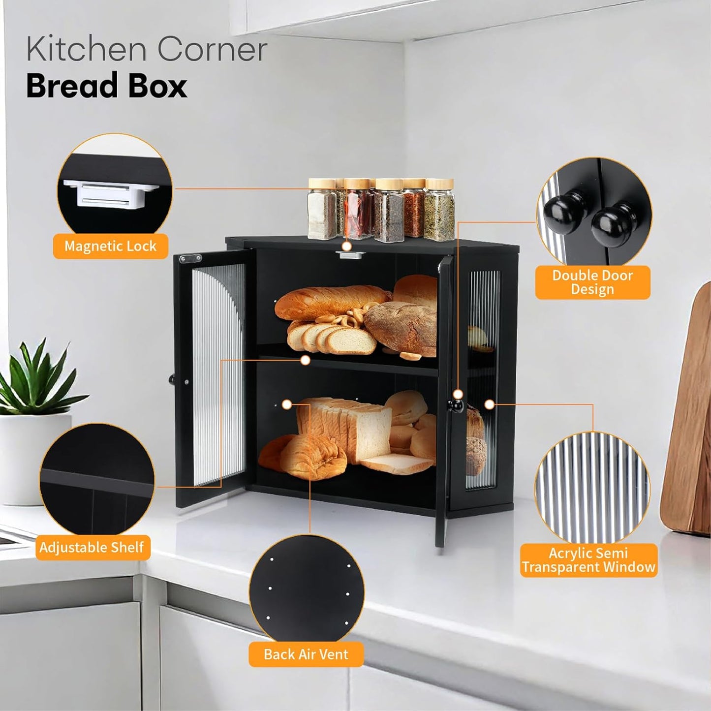 Corner Bread Box for Kitchen Countertop, Double Layer Bamboo Bread Storage Container for Homemade Bread, Large Capacity Bread Holder with 3 Adjustable Height for Counter, Breadbox Organizer