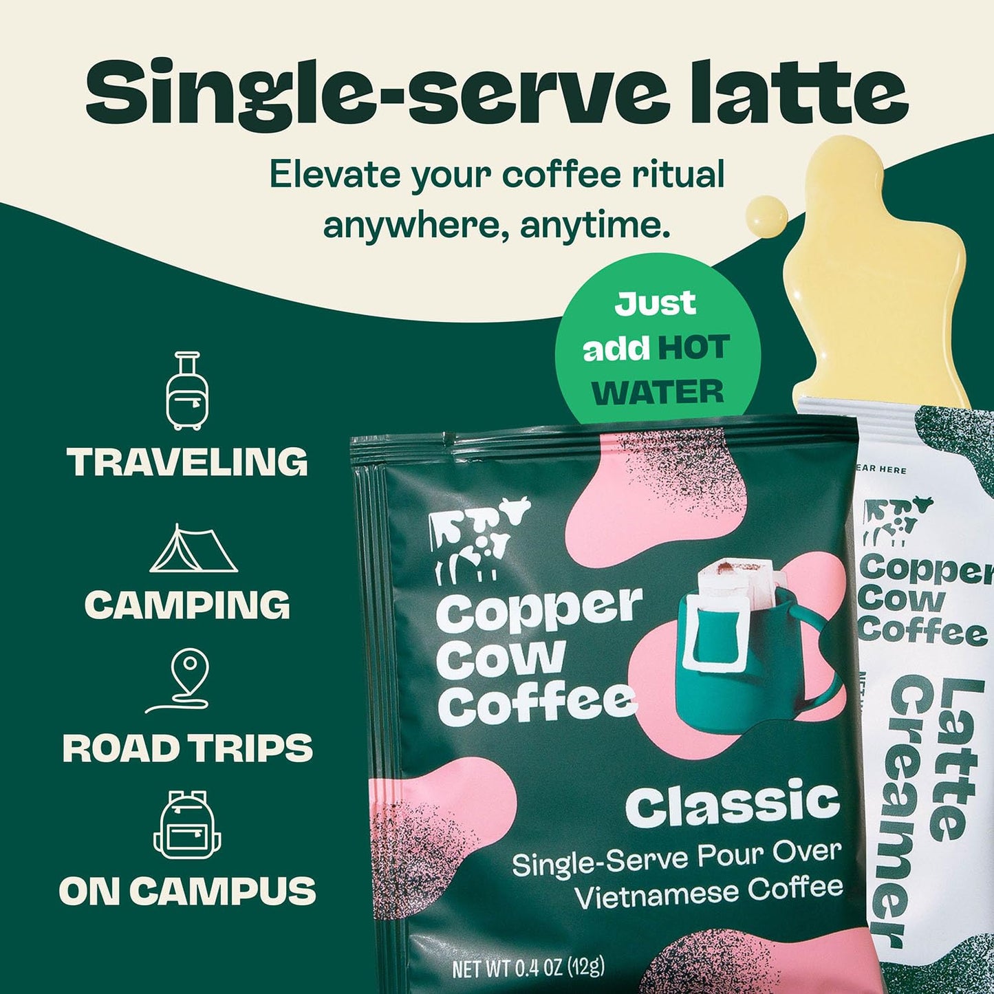 Copper Cow Coffee Pour Over Vietnamese Coffee Pouches + Sweetened Condensed Milk Creamers (8 Coffees & 8 Milk Creamers) | Classic Black Lattes, No Refrigeration Needed, Travel Friendly Ground Coffee
