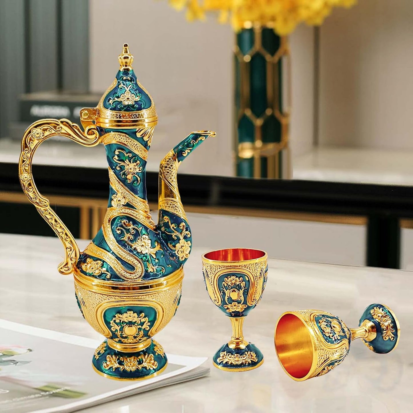 Vintage Turkish Coffee Pot and Cups Set,Tea Service Set Including Teapot,Tea Tray and Metal Cups for Wine Cabinet Decor,Wedding Ornaments (Gold and Blue)