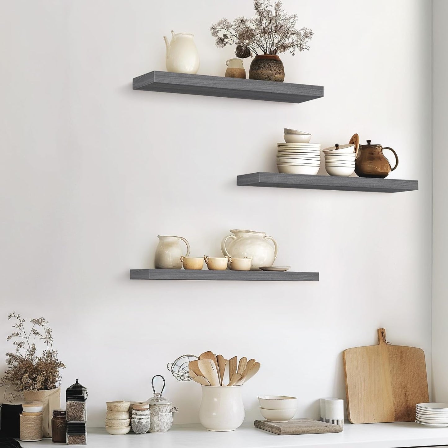 BAYKA Grey Floating Shelves for Wall, 22.5 inches Wall Mounted Rustic Wood Shelves for Bathroom, Bedroom, Living Room, Floating Shelves for Books/Storage/Decor (Set of 3)