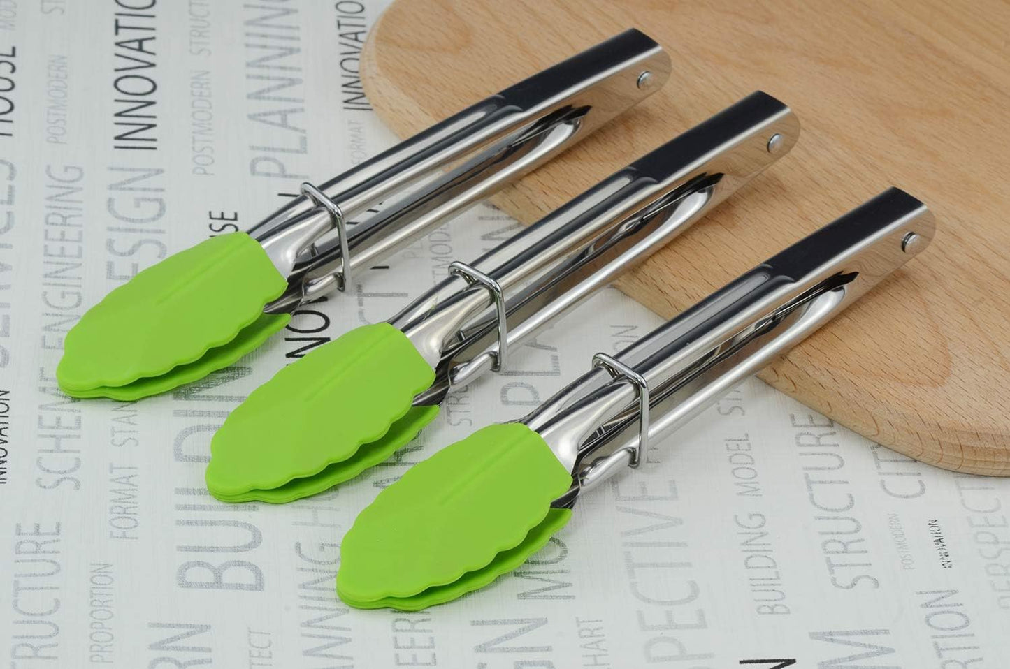 Mini Tongs with Silicone Tips 7 Inches Silicone Cooking Tongs, Set of 3 (Green)