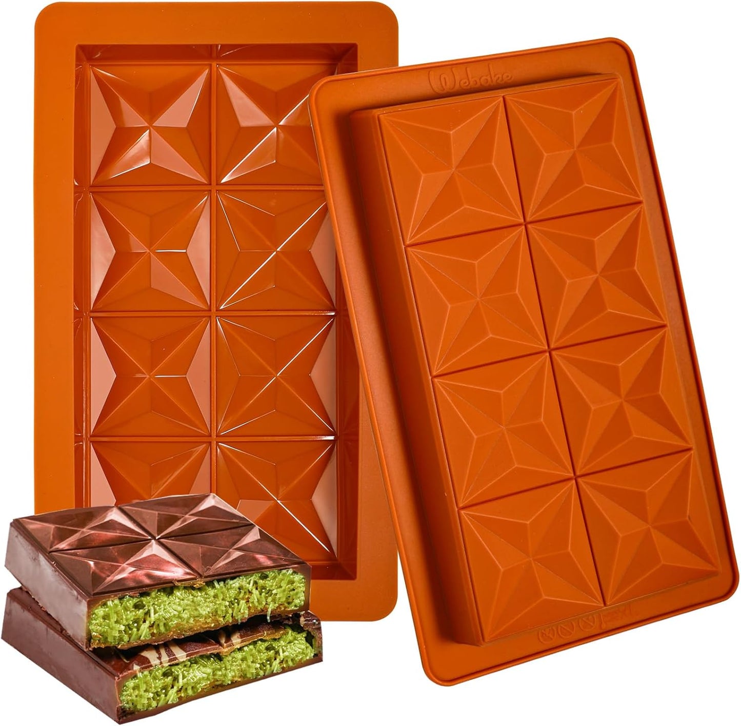 Webake 1 Inch Deep Dubai Chocolate Bar Mold Deep with Diamond Shapes, Silicone Large Stuffed Chocolate Bar Mold Thick, Big Chocolate Candy Bar Mold for Filling Knafeh Pistachio, Pack of 2