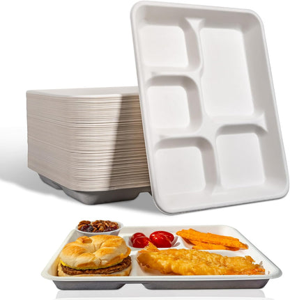 Eland Compostable Plates with Compartments, 5 Compartment Plates Disposable Heavy duty, Food trays disposable. School Lunch Tray, Plate Dividers, No PFAS, White Color- 10"x8" [400-pack]