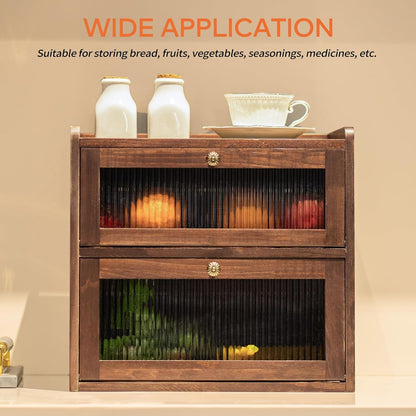 Solid Wood Bread Box for Kitchen Countertop with 50 Count Deli Paper, Double Layer Large Capacity Wooden Breadbox, Vintage Food Storage Container for Kitchen Counter Corner, Brown