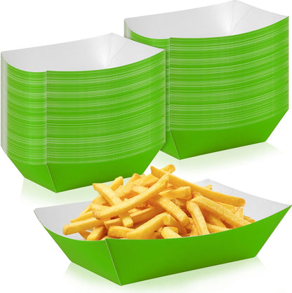 100 Pcs Green Paper Food Tray Sturdy Disposable Food Boats Nacho Plates Disposable Serving Snack Trays for Catering, Party Birthday Supplies, and Food Service (Green)