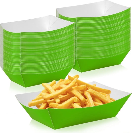 100 Pcs Green Paper Food Tray Sturdy Disposable Food Boats Nacho Plates Disposable Serving Snack Trays for Catering, Party Birthday Supplies, and Food Service (Green)
