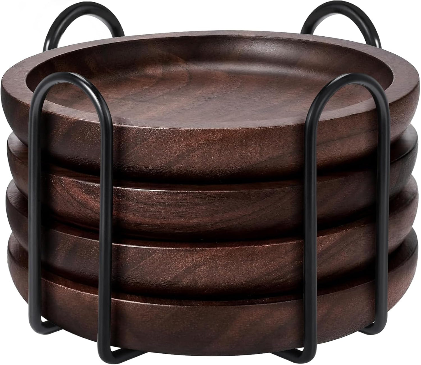 Wood Coasters Set of 4 with Holder, 4 Inch 100% Natural Walnut Wooden Drink Coasters for Housewarming Gifts New Home, Gifts, Wedding, Coffee Table, Office, Home Decor, Bar, Christmas