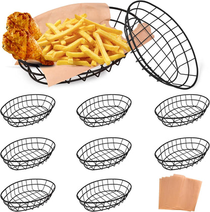 8 Pcs Wire Bread Basket 9.65 x 6.1 x 2.1 IN Oval Metal Dinner Roll Baskets for Serving Fruit Bowl Basket Storage with 50 Sheets Deli Wrappers Paper for Kitchen Table Fast Food Burger