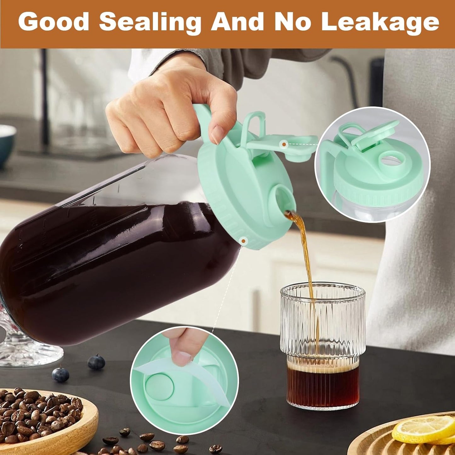 Cold Brew Coffee Maker，64 oz Wide Mouth Mason Jar Pitcher with Stainless Steel Filter, Pour Spout Handle Lid, Heavy Duty Glass Airtight & Leak-Proof for Iced Coffee Tea & Lemonade-Green