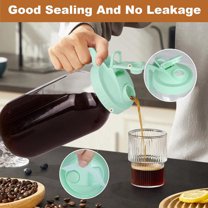 Cold Brew Coffee Maker，64 oz Wide Mouth Mason Jar Pitcher with Stainless Steel Filter, Pour Spout Handle Lid, Heavy Duty Glass Airtight & Leak-Proof for Iced Coffee Tea & Lemonade-Green