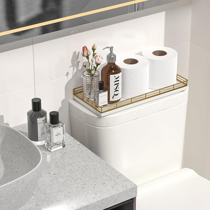 Bathroom Toilet Tank Tray, 13" Wood Toilet Paper Storage Basket Tray Back of Toilet Basket Organizer,Vanity Tray for Perfume Makeup Candle Decor, Gold & White