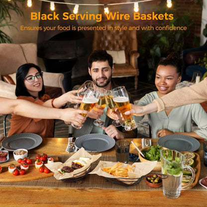 12 Pack French Fries Baskets, Black Iron Serving Baskets with Handles, Oval Mesh Food Presentation Trays with 50 Deli Papers, Fried Food Bowls, Small Fryer Holders for Parties, BBQ, Kitchen