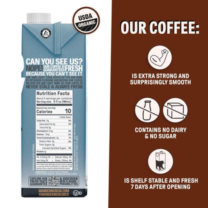 Wandering Bear Organic Vanilla Cold Brew Coffee - Extra Strong, Bold, Smooth, Unsweetened, Shelf-Stable, Ready to Drink, Gluten Free, & Vegan Iced Cold Brewed Coffee Drink - 32 fl oz, 6 pack