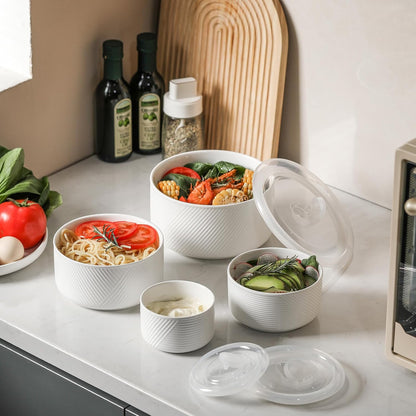 Ceramic Nesting Bowls with Lids: Mixing Bowls with Lids - Porcelain Food Storage Containers For Prep and Serving, Microwavable Kitchen Bowl Set of 4, 50/32/20/10 oz (White)