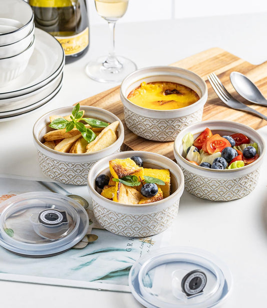 12 oz Ramekins with lids Oven Safe, Ceramic Creme Brulee Ramekins with Covers, Cute Ramekin Sets, Small Serving Baking Bowls food storage containers set of 4, Beige Cloud