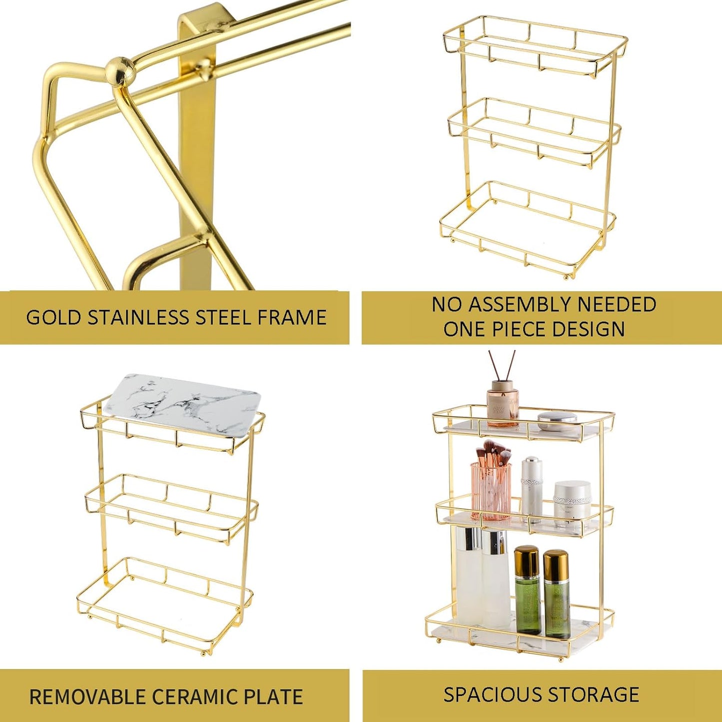 Bathroom Organizer Countertop Perfume Organizer Makeup Organizer Cosmetics Storage Display Rack Vanity Tray Dresser Stainless Steel Gold Shelf White Marble Ceramic Tray