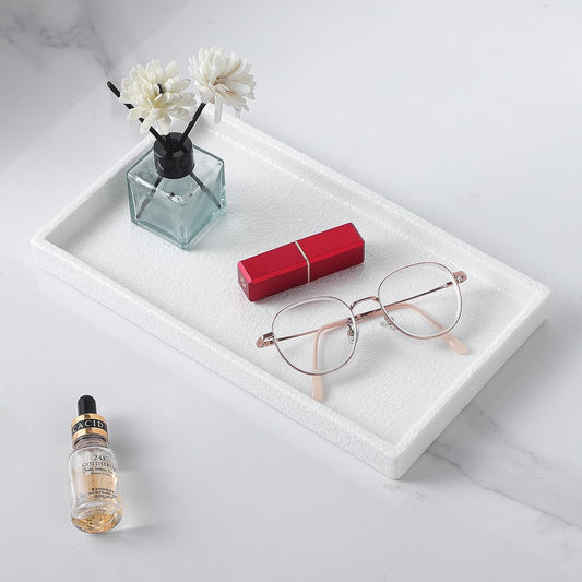 Bathroom Vanity Tray - 11'' Ceramic Rough-Textured Rectangle Countertop Tray, Heavy-Duty Perfume Organizer Plate, Jewelry Ring Tray, Kitchen Soap Dispenser Stone Trays, White