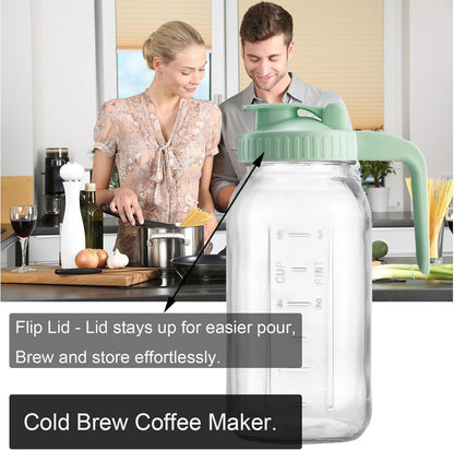 Fermus Cold Brew Coffee Maker, 64oz / 2Quart Glass Pitcher with Stainless Steel Filter and Pour Spout Handle Lid, Mason Jar for Making Cold Coffee, Fruit Drinks, Sun Tea (1, 64 Ounces)