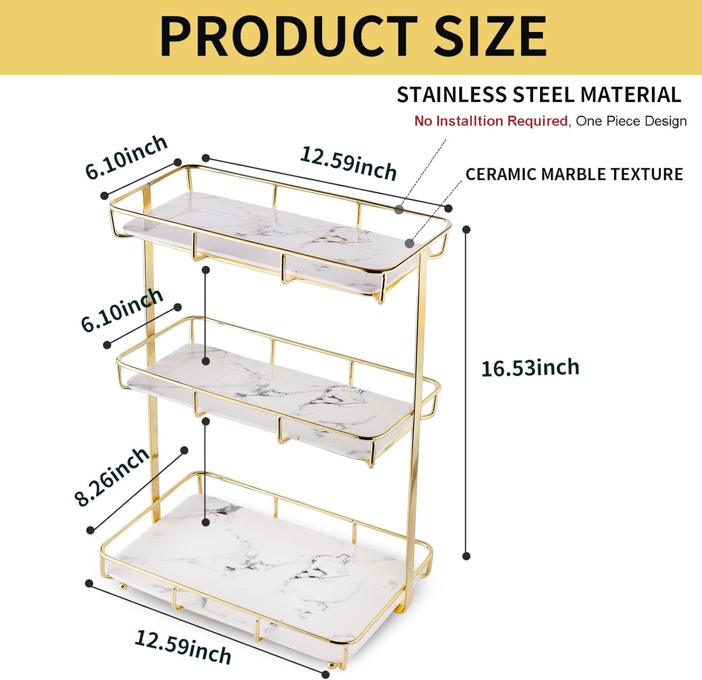 Bathroom Organizer Countertop Perfume Organizer Makeup Organizer Cosmetics Storage Display Rack Vanity Tray Dresser Stainless Steel Gold Shelf White Marble Ceramic Tray