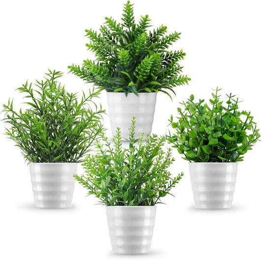 4 Pack Fake Plants Greenery Small Faux Plastic potted Plant Artificial Plants Indoor for Living Room Home Decor Modern Bathroom Kitchen Counter Office Desk Farmhouse Classroom Decor Camper Décor
